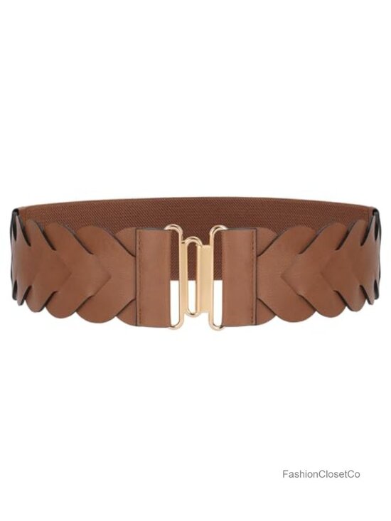 Accessories - Women's Wide Stretchy Faux Leather Braided Waist Belt with Gold Buckle